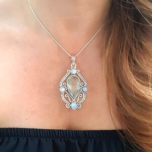 🌛Moonstone & Topaz Boho Sterling Silver Pendant Necklace